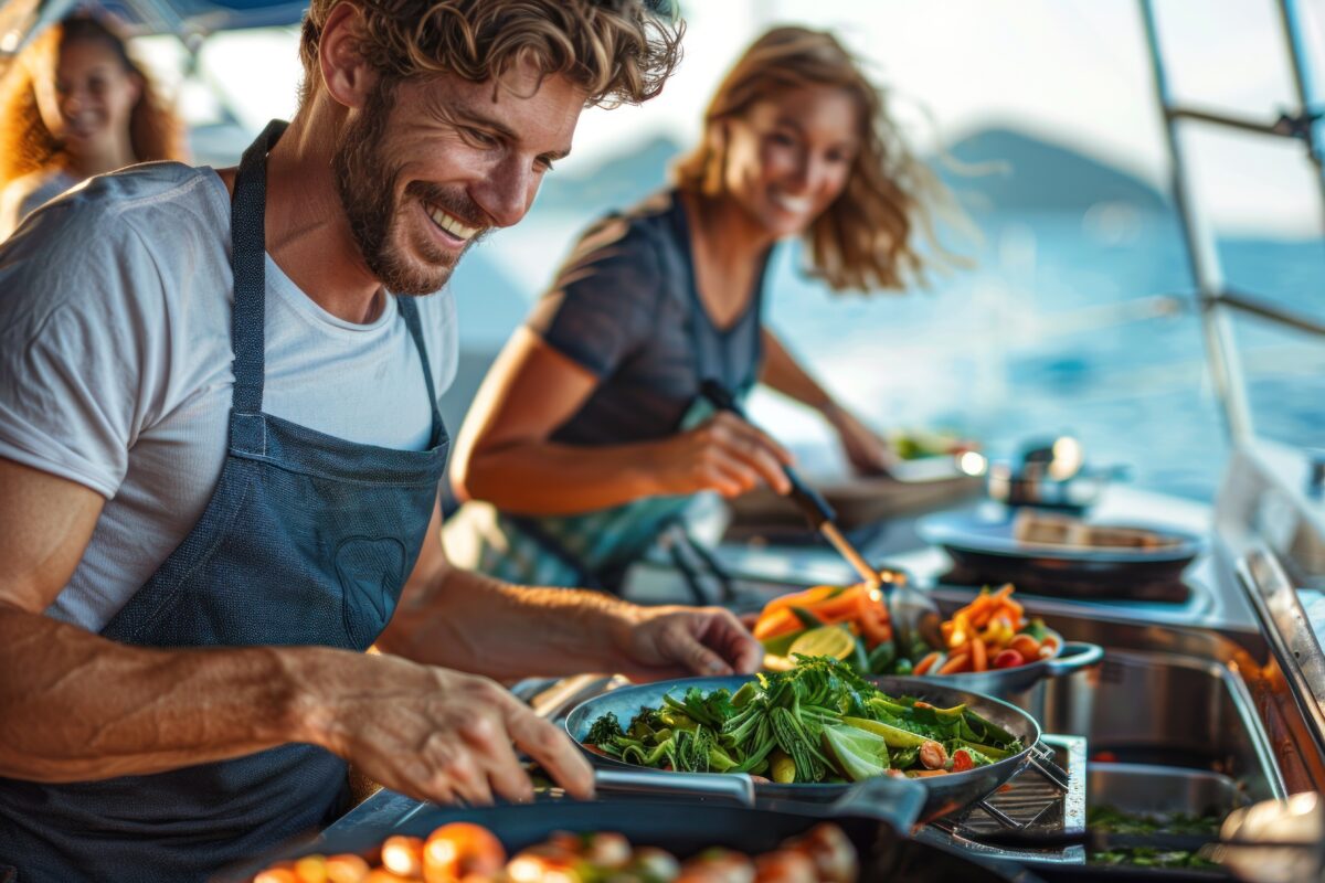 BRAIN Yachting A close-up of friends preparing a delicious meal together on a yacht. Their happy faces and the fresh ingredients create an inviting and joyful atmosphere. clear blue sea