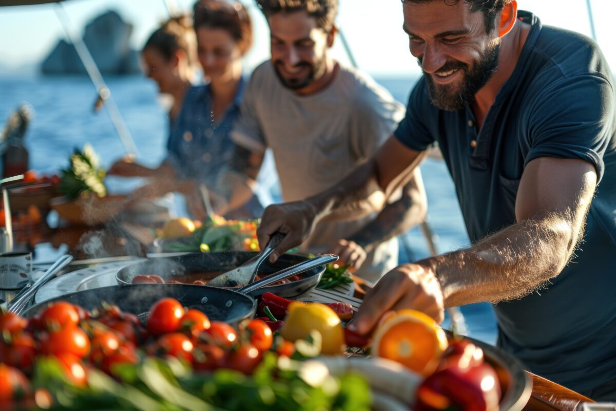 BRAIN Yachting A close-up of friends preparing a delicious meal together on a yacht. Their happy faces and the fresh ingredients create an inviting and joyful atmosphere. clear blue sea 2