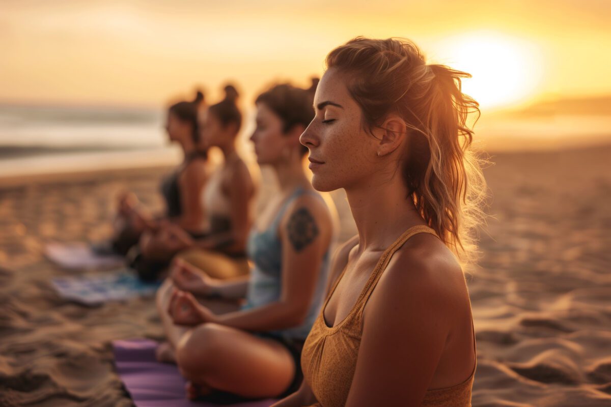 BRAIN Yachting Entschleunigen Group of women doing yoga on a beach